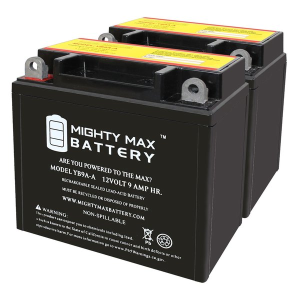 Mighty Max Battery YB9A-A 12V 9AH 130 CCA Replacement Battery compatible with Parts Unlimited YT9A-A - 2PK MAX4000813